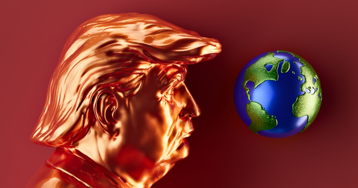 A golden trump looks at planet earth.